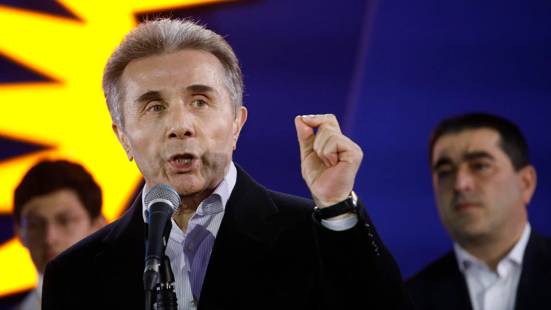 Tbilisi (Georgia), 26/10/2024.- Founder of the Georgian Dream party and oligarch Bidzina Ivanishvili (C) speaks after exit poll results announcement in parliamentary elections, during celebrations at the Georgian Dream party headquarters in Tbilisi,Georgia, 26 October 2024. A total of 18 parties are participating in the parliamentary elections in Georgia. Three thousand, one hundred and eleven polling stations opened for the parliamentary elections, including 67 abroad. Voting abroad will be ...