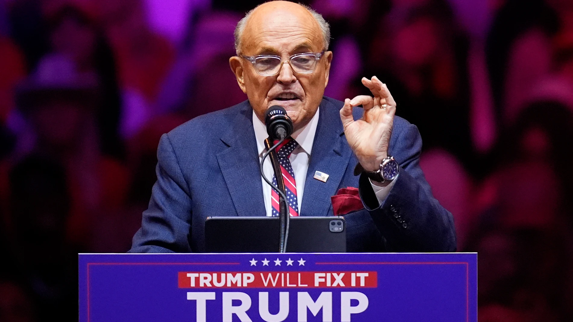 Rudy Giuliani speaks before Republican presidential nominee former President Donald Trump speaks at a campaign rally at Madison Square Garden, Sunday, Oct. 27, 2024, in New York. (AP Photo/Evan Vucci)