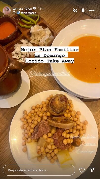 Tamara Falcó presume del cocido del restaurante de la familia de Fernando Verdasco en sus redes sociales