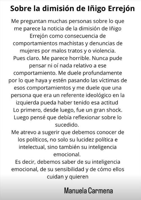 Carta Manuela Carmena sobre el 'caso Errejón'.