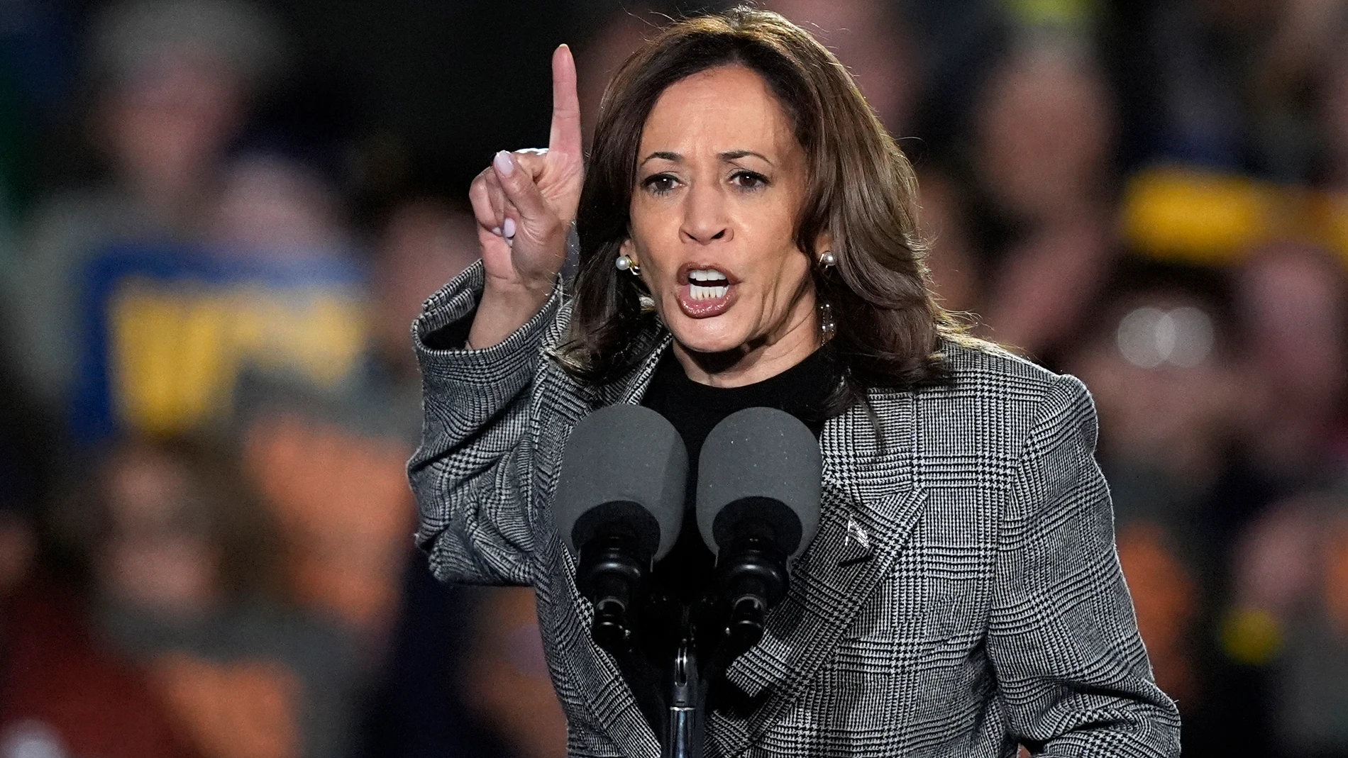 Democratic presidential nominee Vice President Kamala Harris speaks during a campaign rally at Burns Park in Ann Arbor, Mich., Monday, Oct. 28, 2024. (AP Photo/Carlos Osorio)