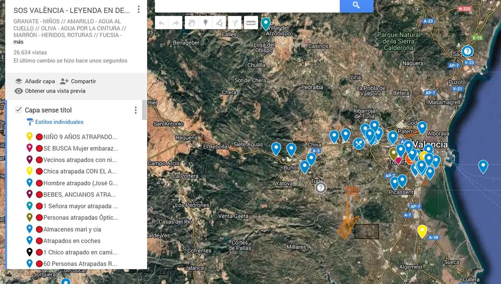 Localizaciones en Google Maps con la situación de muchos afectados por la DANA