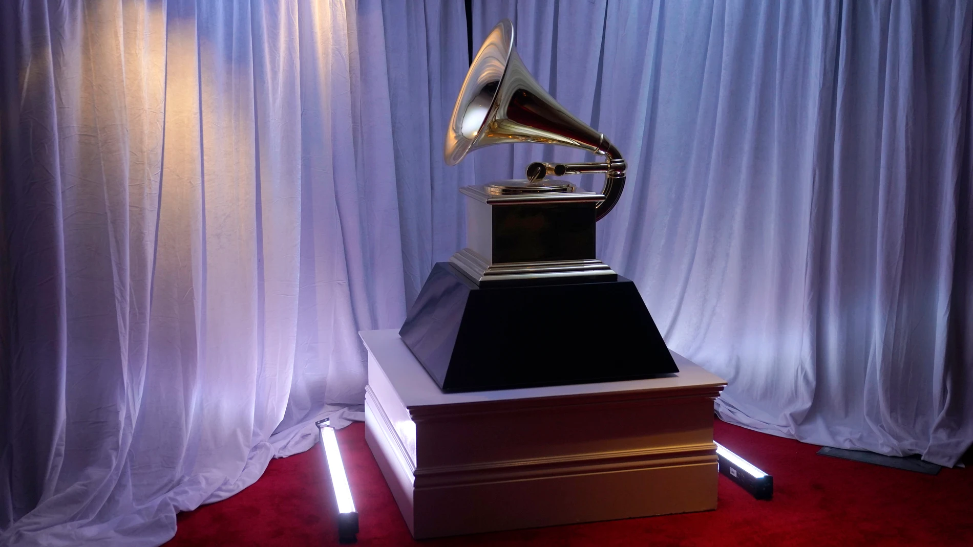 FILE - A view of a Grammy statue appears in the press room at the 65th annual Grammy Awards on Sunday, Feb. 5, 2023, in Los Angeles. (AP Photo/Jae C. Hong, File)