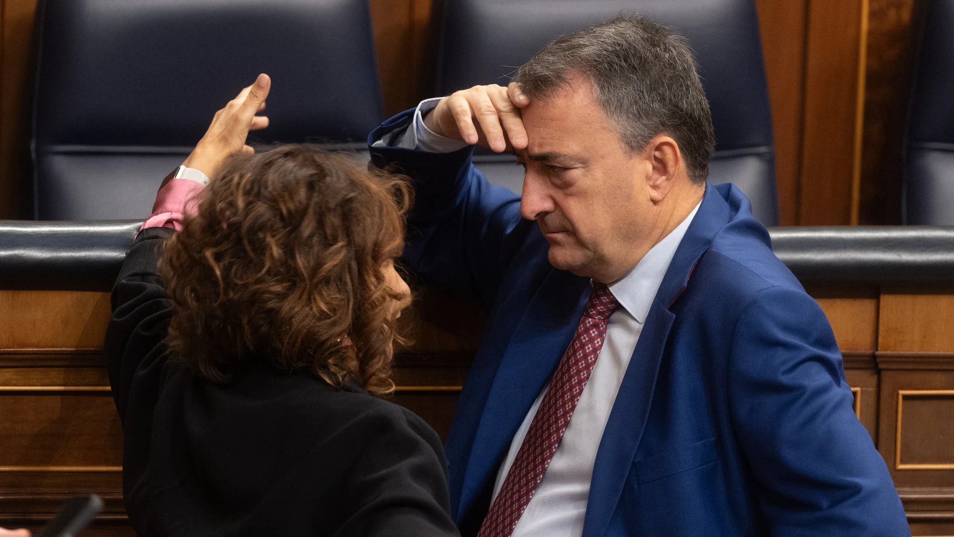 La vicepresidenta segunda y ministra de Hacienda, María Jesús Montero y el portavoz del PNV, Aitor Esteban, conversan durante una sesión plenaria, en el Congreso de los Diputados, a 30 de octubre de 2024, en Madrid (España).