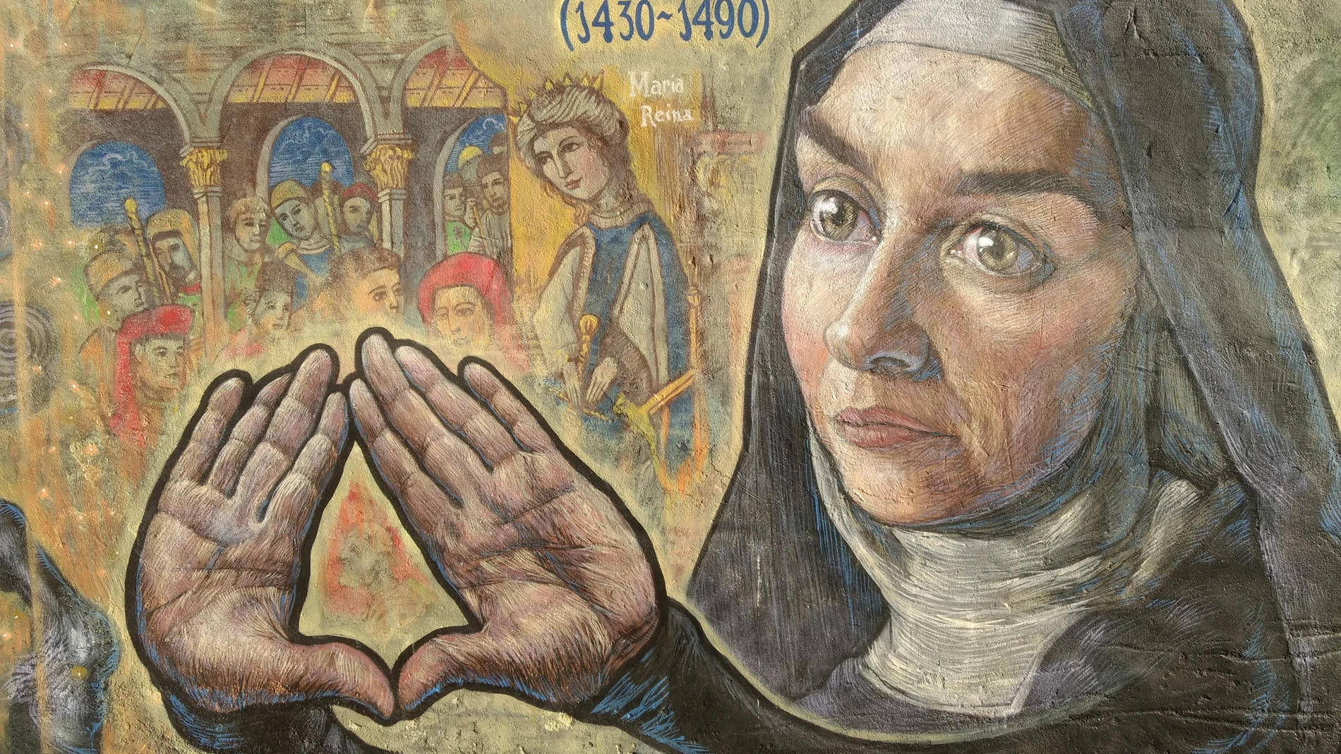 Isabel de Villena, en un mural de Toni Espinar en el Passeig de Batà, en Muro de Alcoy