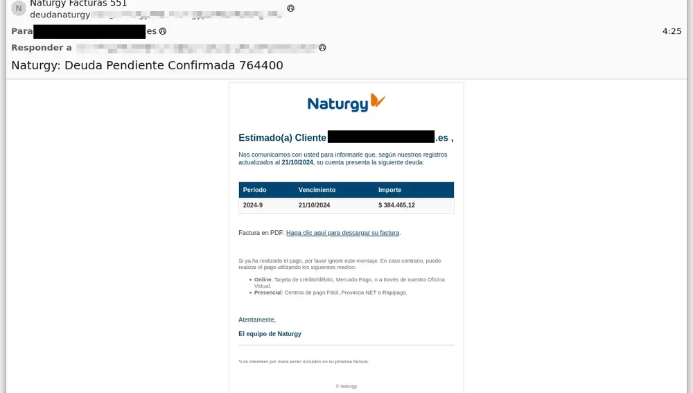 Correo fraudulento suplantando la identidad de Naturgy