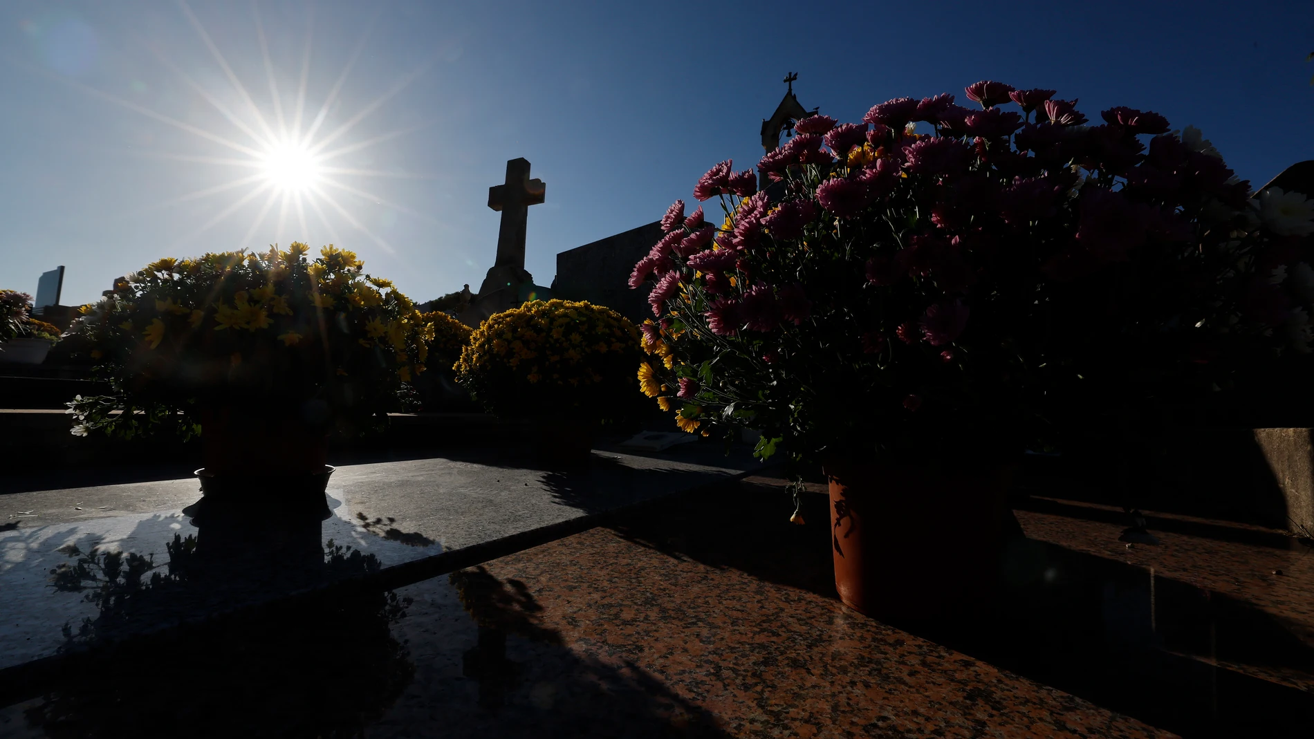 La-colle-sur-loup (France), 31/10/2024.- Flowers are placed on graves for the 'All Saints Day' celebrations, at the cemetery in La-Colle-sur-Loup near Nice, southern France, 31 October 2024. The 'All Saints Day', observed on every 01 November, is a Christian solemnity celebrated in honour of all the saints of the Church, known or unknown. (Francia, Niza) EFE/EPA/SEBASTIEN NOGIER
