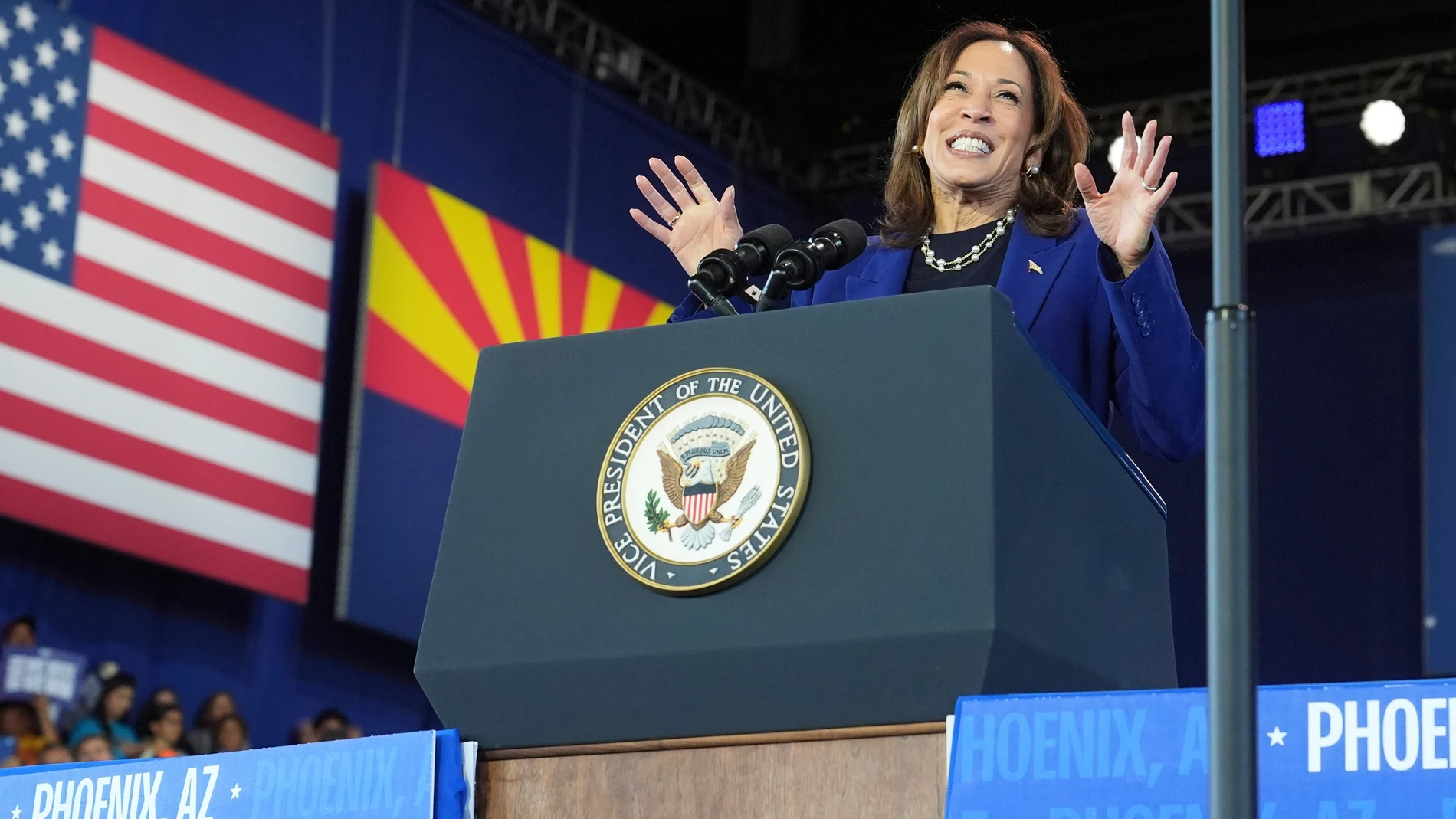 Democratic presidential nominee Vice President Kamala Harris speaks during a campaign event at Talking Stick Resort Amphitheatre, Thursday, Oct. 31, 2024, in Phoenix. (AP Photo/Ross D. Franklin)