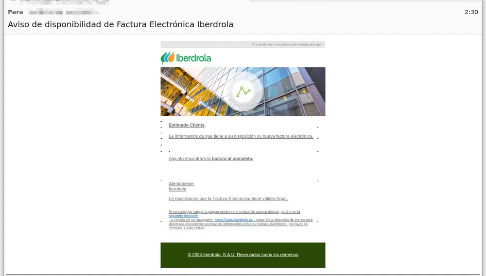 Correo fraudulento suplantando la identidad de Iberdrola