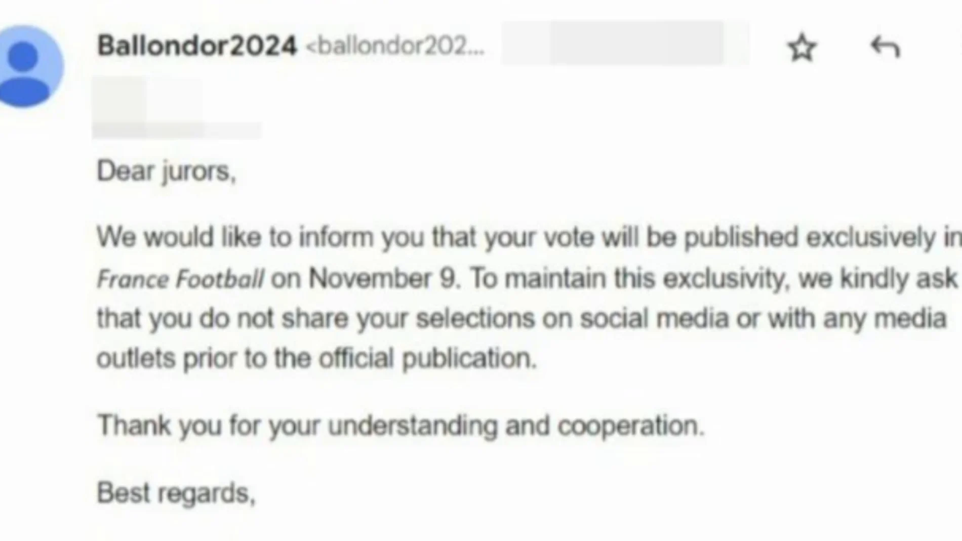 ´Nuevo lío con France Football: envían un correo a los periodistas para que no hagan público su voto