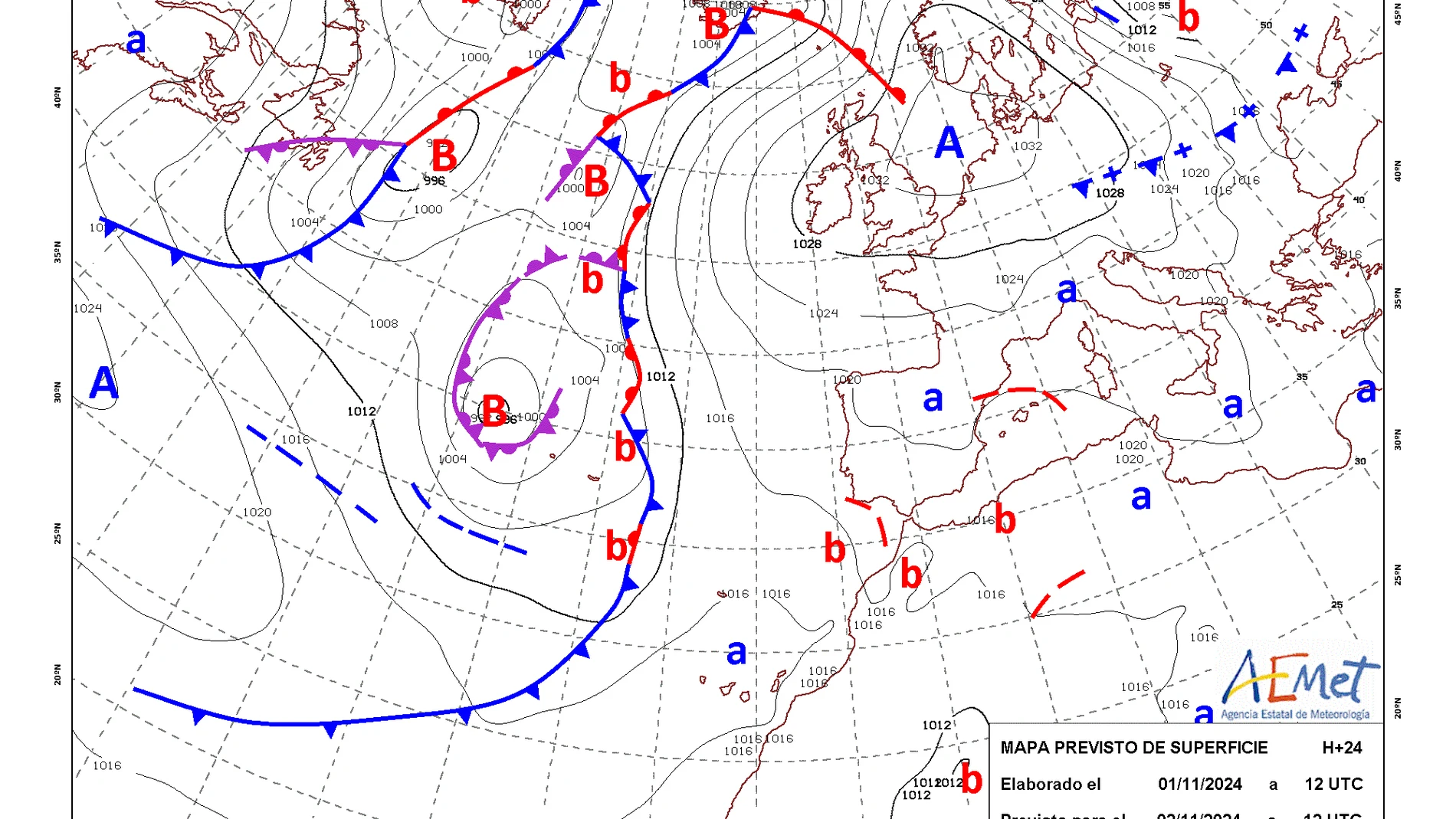MADRID, 1/11/2024.- Mapa de isobaras facilitado por la Aemet previsto para el 2/11/2024. EFE *****SOLO USO EDITORIAL/SOLO DISPONIBLE PARA ILUSTRAR LA NOTICIA QUE ACOMPAÑA (CRÉDITO OBLIGATORIO) *****