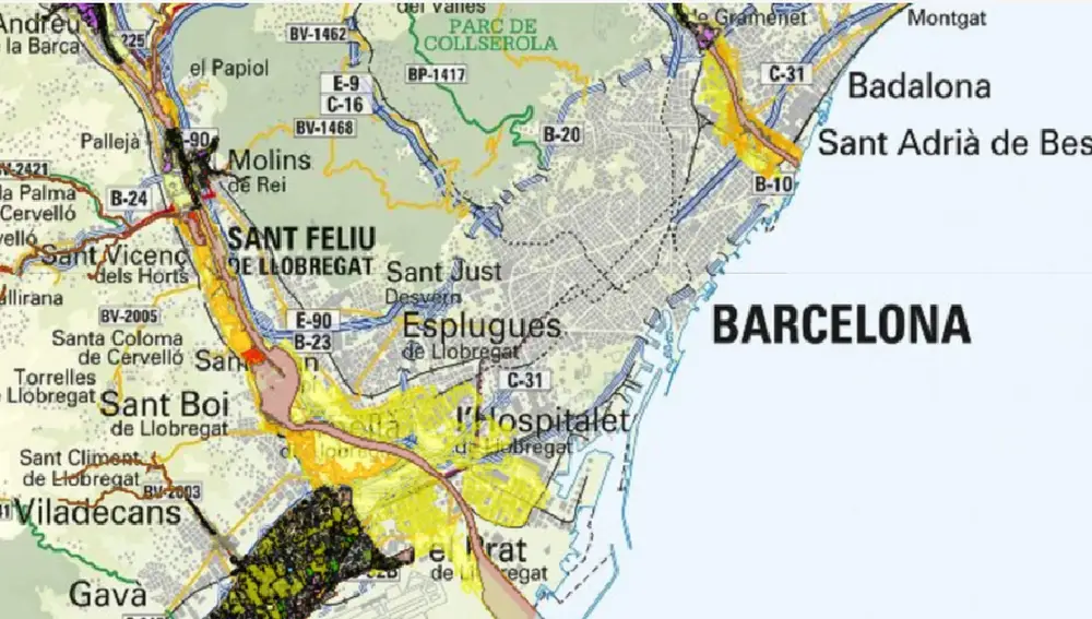 Mapa de zonas inundables del área metropolitana de Barcelona