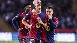 Dani Olmo of FC Barcelona celebrates a goal with Marc Casado during the Spanish league, La Liga EA Sports, football match played between FC Barcelona and RCD Espanyol at Estadio Olimpico de Montjuic Lluis Companys on November 03, 2024 in Barcelona, Spain. AFP7 03/11/2024 ONLY FOR USE IN SPAIN