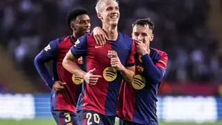 FC Barcelona v RCD Espanyol - La Liga EA Sports Dani Olmo of FC Barcelona celebrates a goal with Marc Casado during the Spanish league, La Liga EA Sports, football match played between FC Barcelona and RCD Espanyol at Estadio Olimpico de Montjuic Lluis Companys on November 03, 2024 in Barcelona, Spain. AFP7 03/11/2024 ONLY FOR USE IN SPAIN