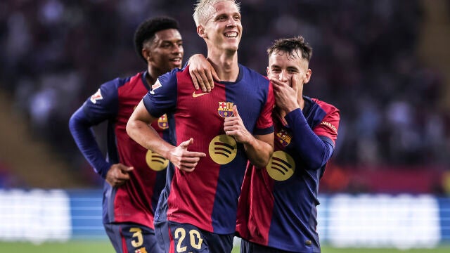 Dani Olmo of FC Barcelona celebrates a goal with Marc Casado during the Spanish league, La Liga EA Sports, football match played between FC Barcelona and RCD Espanyol at Estadio Olimpico de Montjuic Lluis Companys on November 03, 2024 in Barcelona, Spain. AFP7 03/11/2024 ONLY FOR USE IN SPAIN