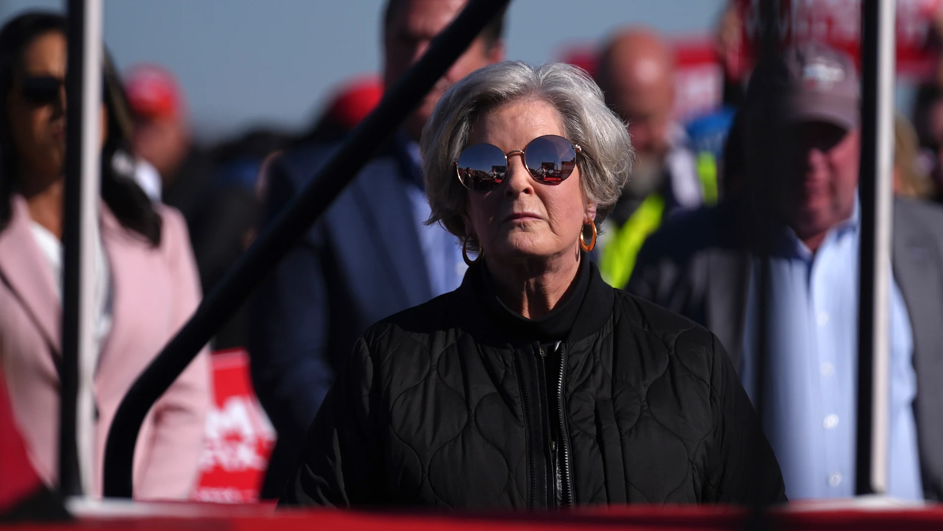 Susie Wiles watches as Republican presidential nominee former President Donald Trump speaks at a campaign rally in Lititz, Pa., Sunday, Nov. 3, 2024. (AP Photo/Evan Vucci)