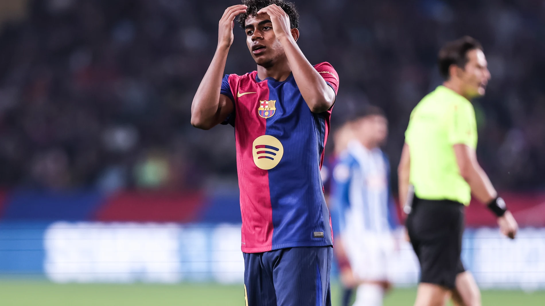 Lamine Yamal of FC Barcelona reacts during the Spanish league, La Liga EA Sports, football match played between FC Barcelona and RCD Espanyol at Estadio Olimpico de Montjuic Lluis Companys on November 03, 2024 in Barcelona, Spain. AFP7 03/11/2024 ONLY FOR USE IN SPAIN