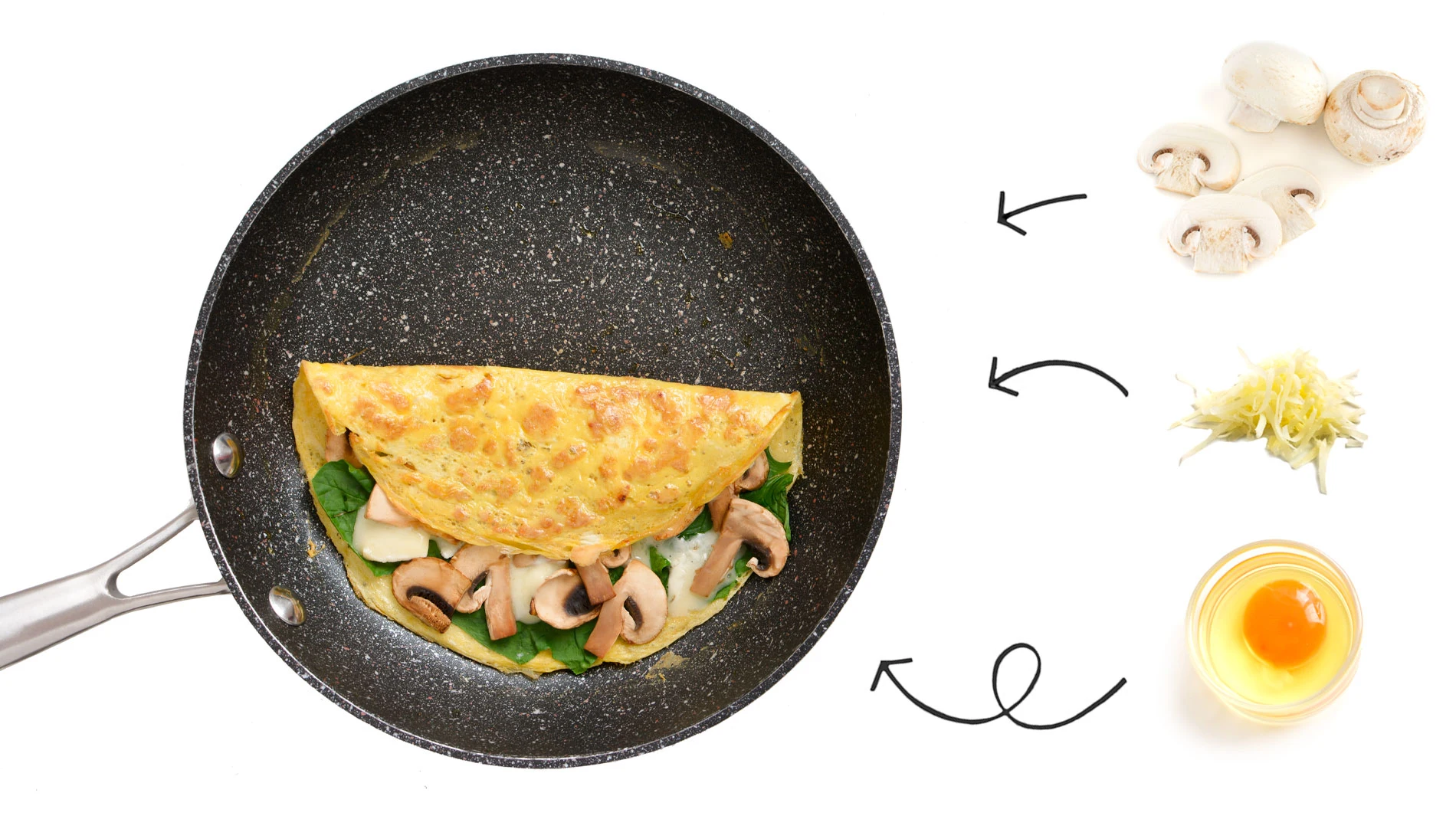 Sartén con creo tortilla relleno e ingredientes para prepararlo