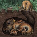 Interpretación artística de un dinosaurio Psittacosaurus con crías siendo cazado por un mamífero Repenomamus. Una formación fósil en Yixian conservó los restos de estas especies en combate mortal, congeladas en plena acción. Aquí, el dinosaurio se muestra con proto-plumas erizadas en la cola.