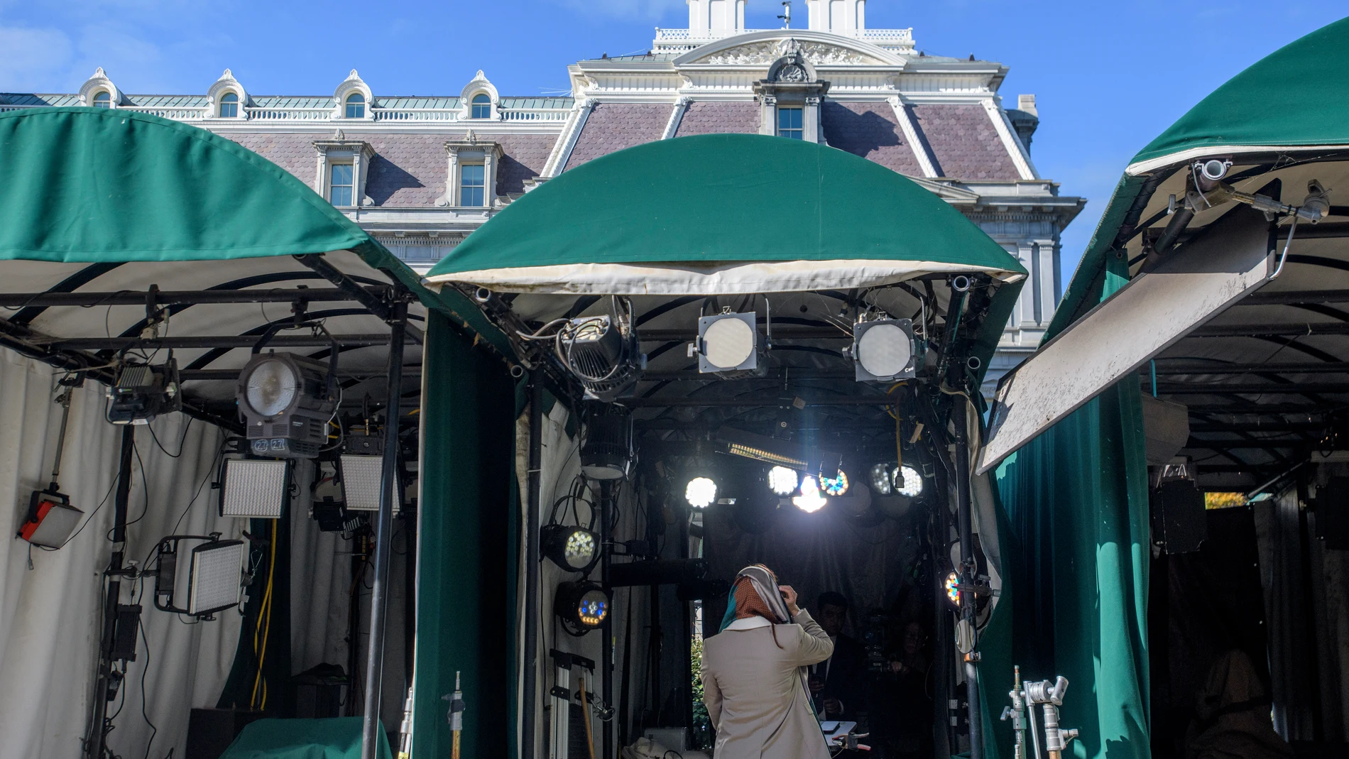 Television networks prepare for the day at the White House on Election Day, Tuesday, November 5, 2024, in Washington. (AP Photo/Rod Lamkey, Jr.)