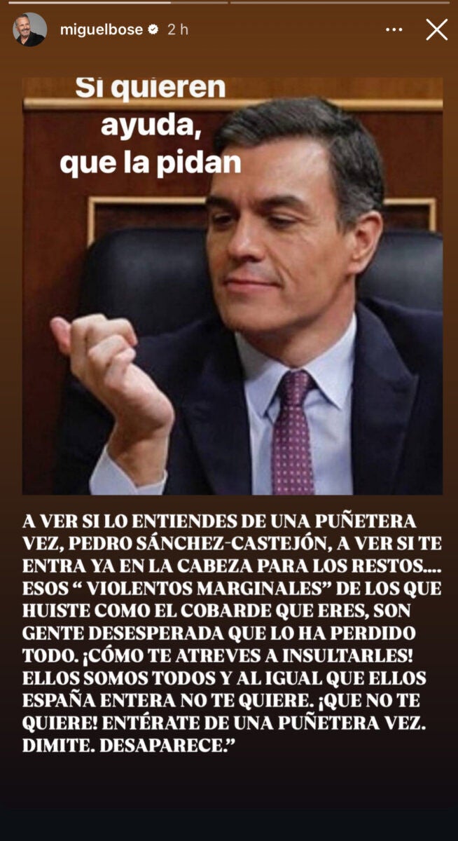 Mensaje de Miguel Bosé a Pedro Sánchez sobre la DANA