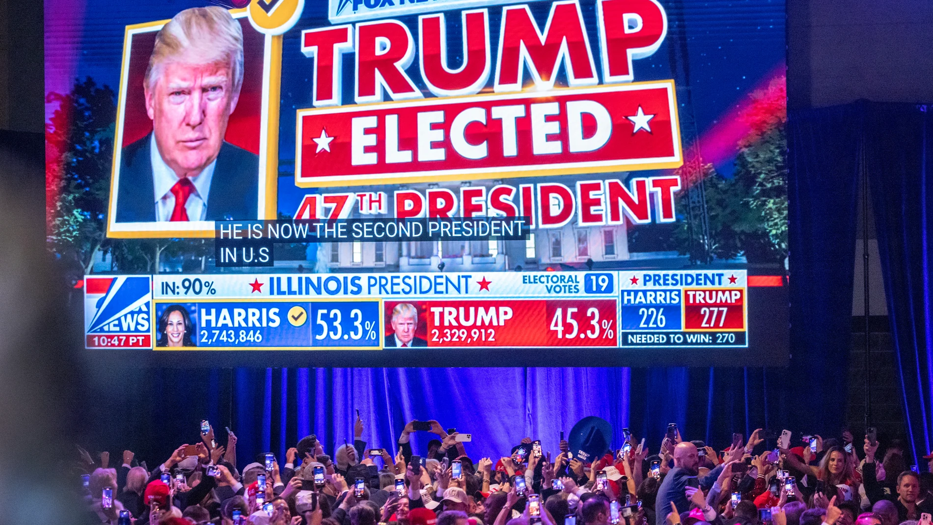West Palm Beach (United States), 06/11/2024.- Supporters of Republican presidential candidate Donald Trump react to results of US 2024 presidential elections during the Election Night watch party in the West Palm Beach Convention Center in West Palm Beach, Florida, USA, 06 November 2024. (Elecciones) EFE/EPA/CRISTOBAL HERRERA-ULASHKEVICH