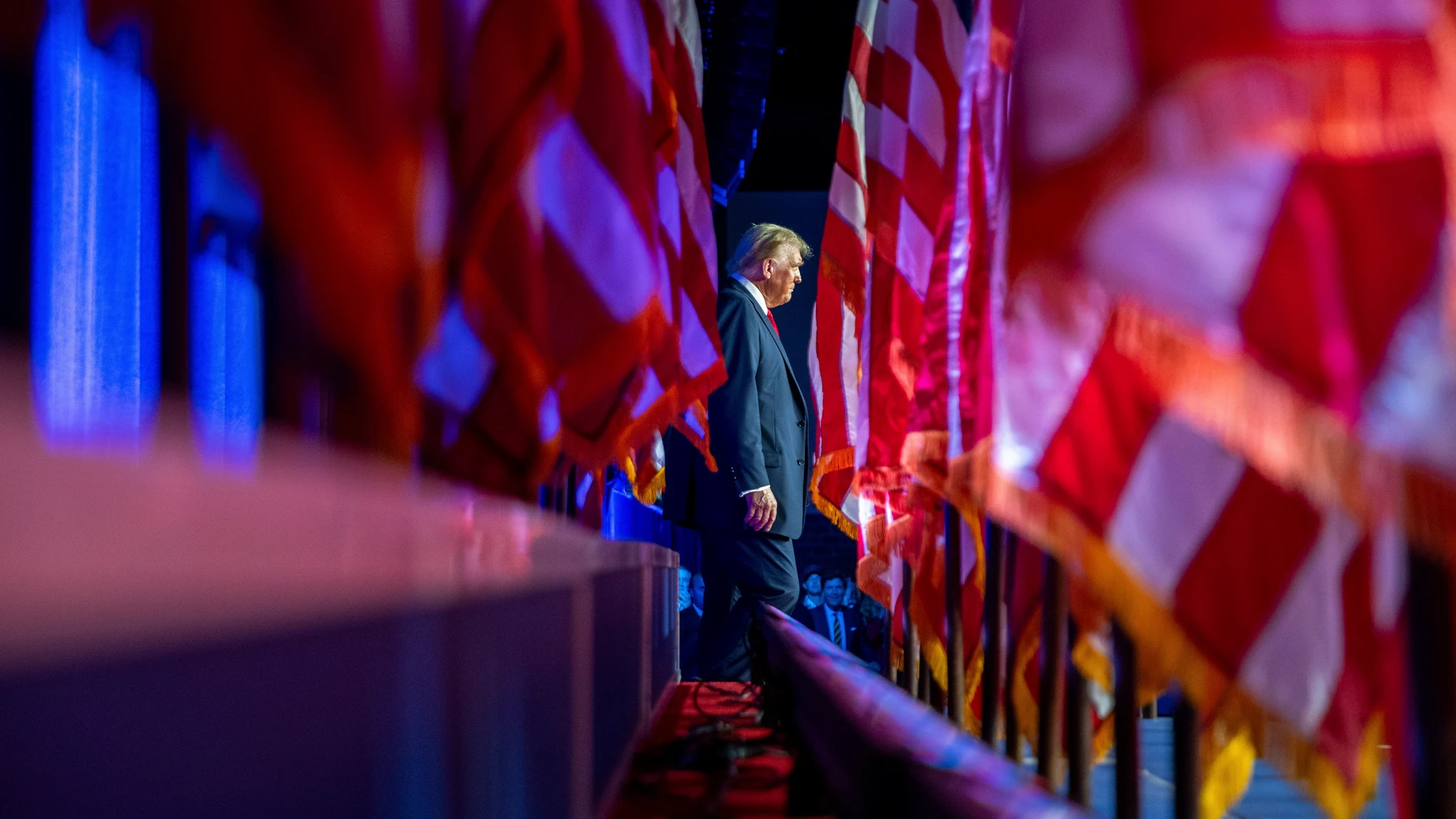 Republican presidential nominee former President Donald Trump arrives at an election night watch party at the Palm Beach Convention Center, Wednesday, Nov. 6, 2024, in West Palm Beach, Fla. (AP Photo/Julia Demaree Nikhinson)