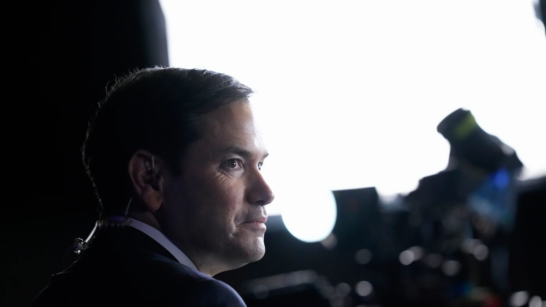 Sen. Marco Rubio, R-Fla., talks to reporters at an election night watch party for Republican presidential nominee former President Donald Trump, Tuesday, Nov. 5, 2024, in West Palm Beach, Fla. (AP Photo/Alex Brandon)