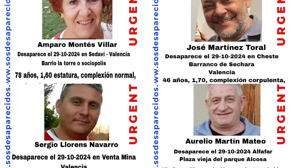 Algunos de los desaparecidos en la DANA de Valencia