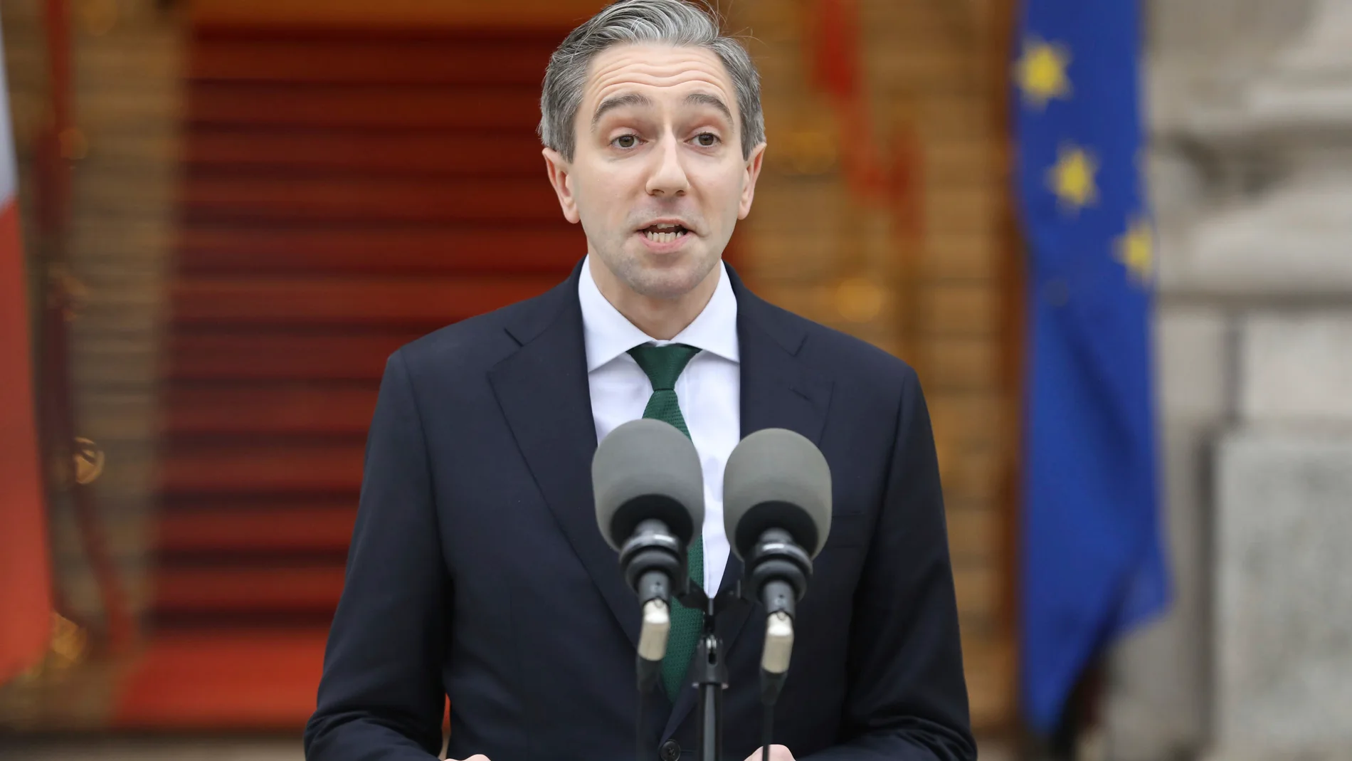 Irish Prime Minister Simon Harris makes a statement outside Government Buildings ahead of the Dail being formally dissolved for the General Election scheduled for next Nov. 29, in Dublin Friday Nov. 8, 2024. (Gareth Chaney/PA Wire/PA via AP)