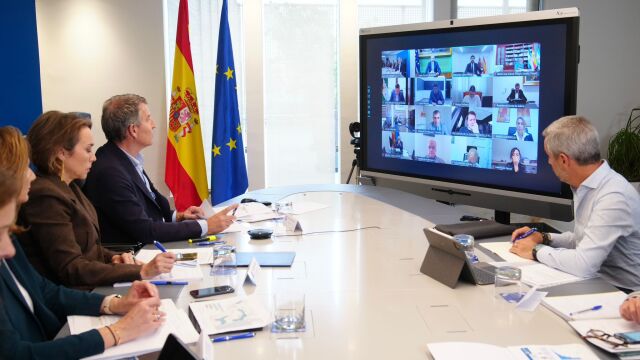 El líder del PP, Alberto Núñez Feijóo, durante la reunión por videollamada con sus presidentes autonómicos.