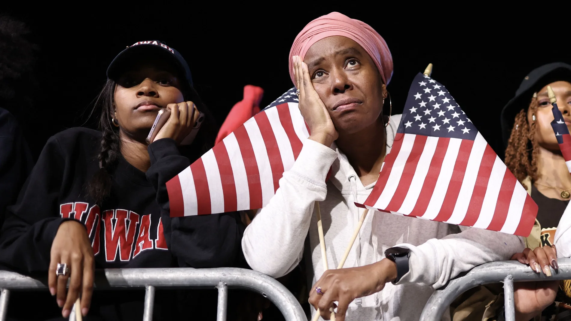 Supporters of US Vice President and Democratic presidential candidate Kamala Harris react during an election night event at Howard University in Washington, DC, on November 5, 2024. (Photo by CHARLY TRIBALLEAU / AFP)