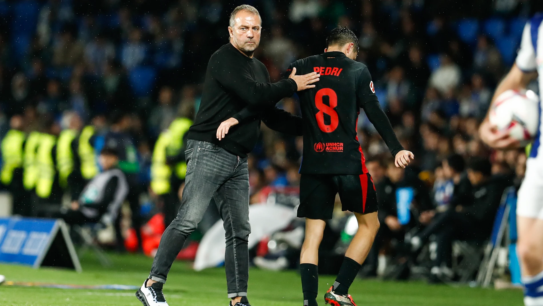 Hansi Flick, head coach of FC Barcelona, and Pedri Gonzalez of FC Barcelona gesture during the Spanish League, LaLiga EA Sports, football match played between Real Sociedad and FC Barcelona at Reale Arena stadium on November 10, 2024, in San Sebastian, Guipuzcoa, Spain. AFP7 10/11/2024 ONLY FOR USE IN SPAIN