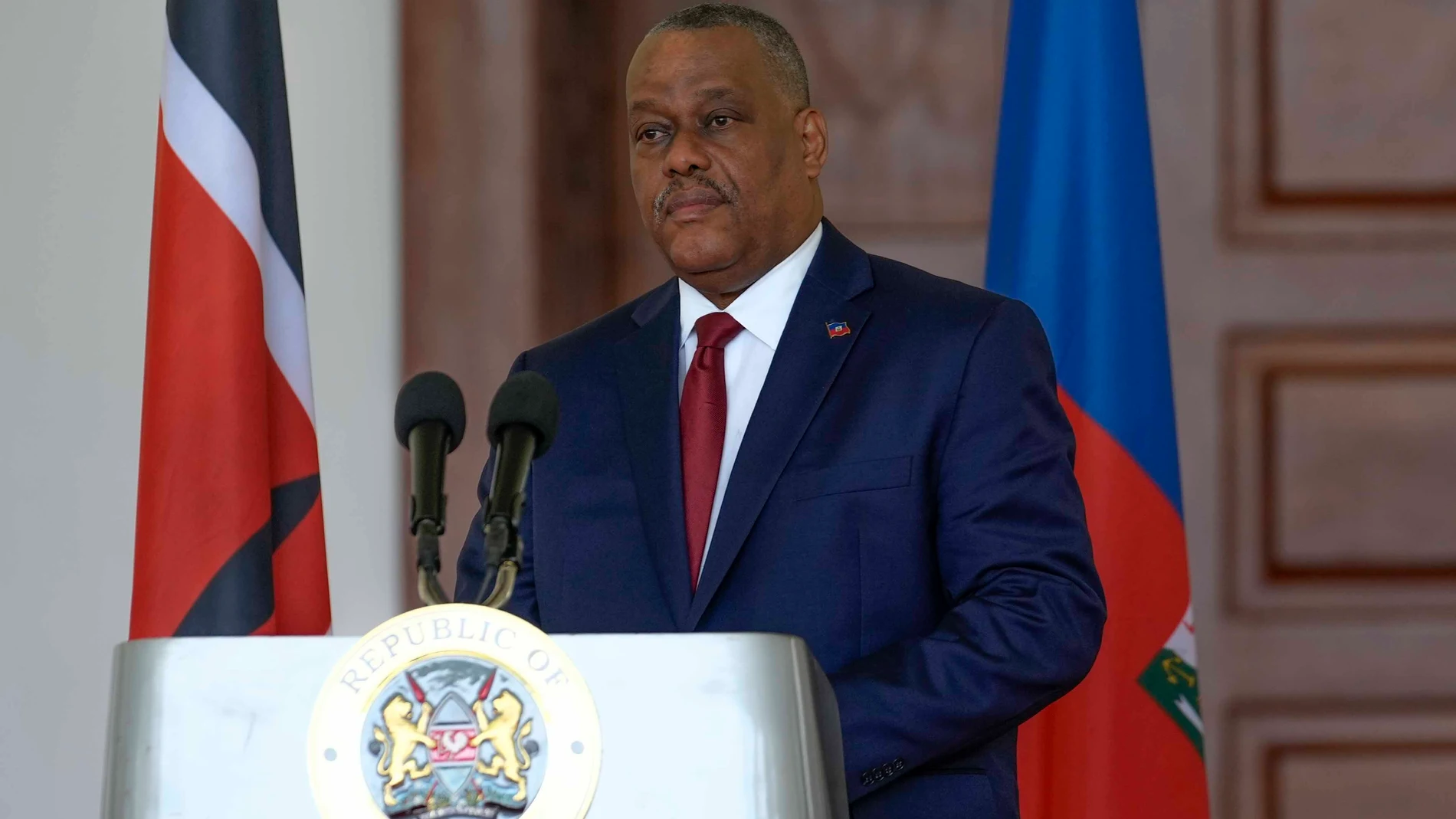 FILE - Haiti Prime Minister Garry Conille speaks during a joint press conference with Kenya's President William Ruto at the State House in Nairobi, Kenya, Oct. 11, 2024. (AP Photo/Brian Inganga, File)