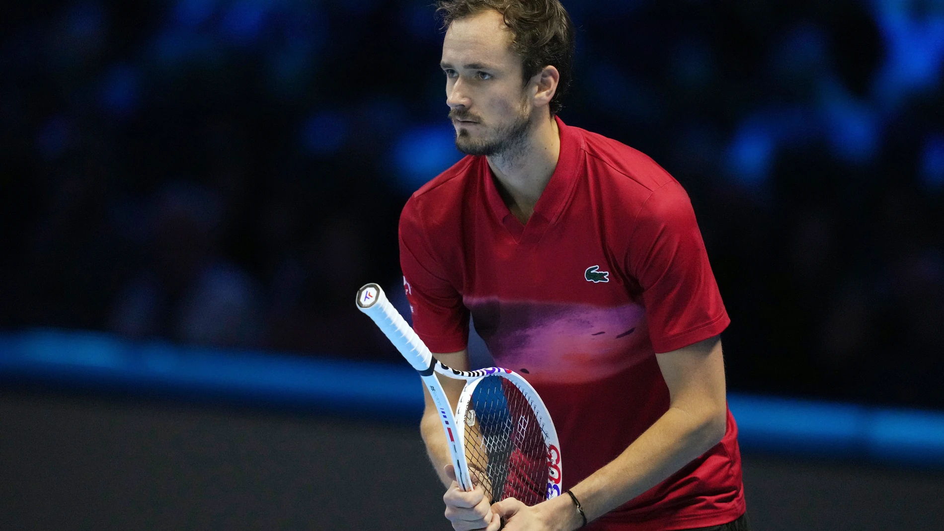 Russia's Daniil Medvedev reacts during the singles tennis match of the ATP World Tour Finals against United States' Taylor Fritz, at the Inalpi Arena, in Turin, Italy, Sunday, Nov. 10, 2024. (AP Photo/Antonio Calanni)