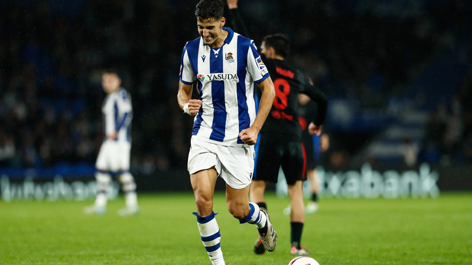 Nayef Aguerd of Real Sociedad celebrate during the Spanish League, LaLiga EA Sports, football match played between Real Sociedad and FC Barcelona at Reale Arena stadium on November 10, 2024, in San Sebastian, Guipuzcoa, Spain. AFP7 10/11/2024 ONLY FOR USE IN SPAIN