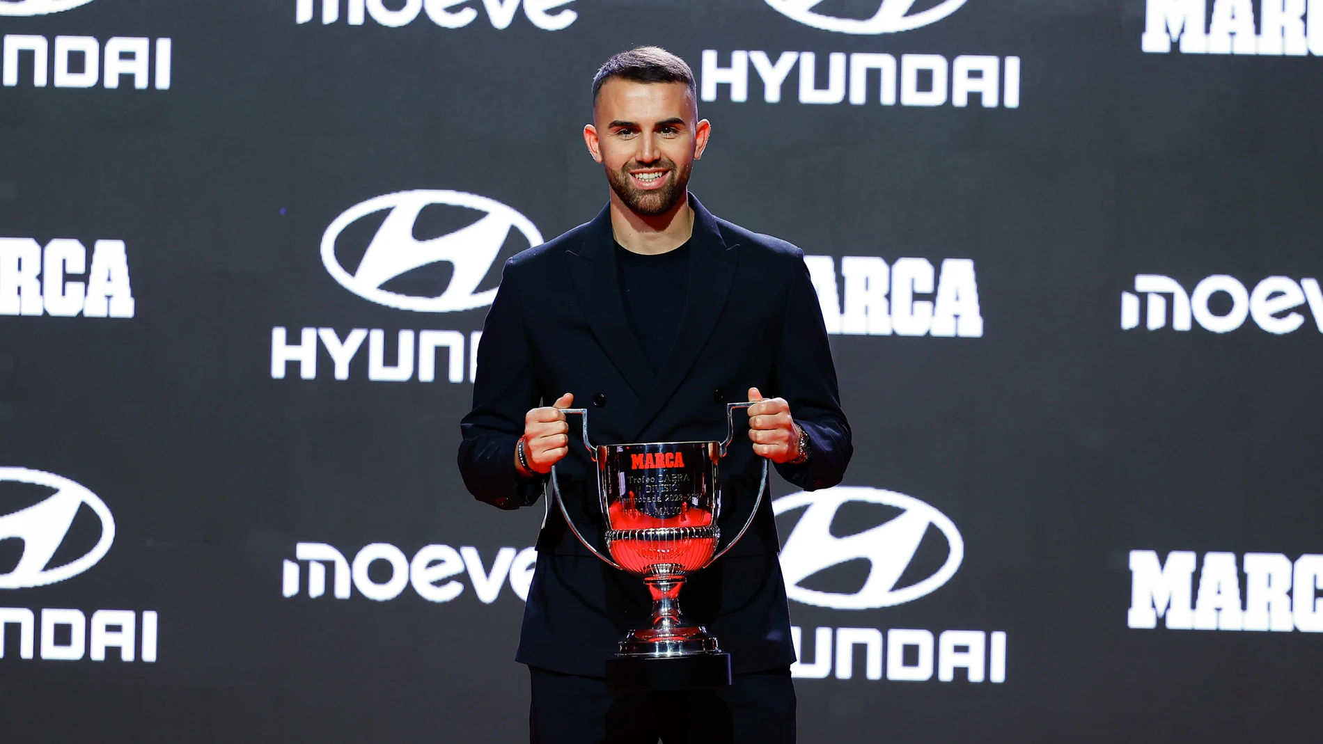 Borja Mayoral receives the Zarra trophy during the MARCA Football Awards 2023-24 gala at Ciudad del Futbol of RFEF on November 11, 2024, in Las Rozas, Madrid, Spain. AFP7 11/11/2024 ONLY FOR USE IN SPAIN