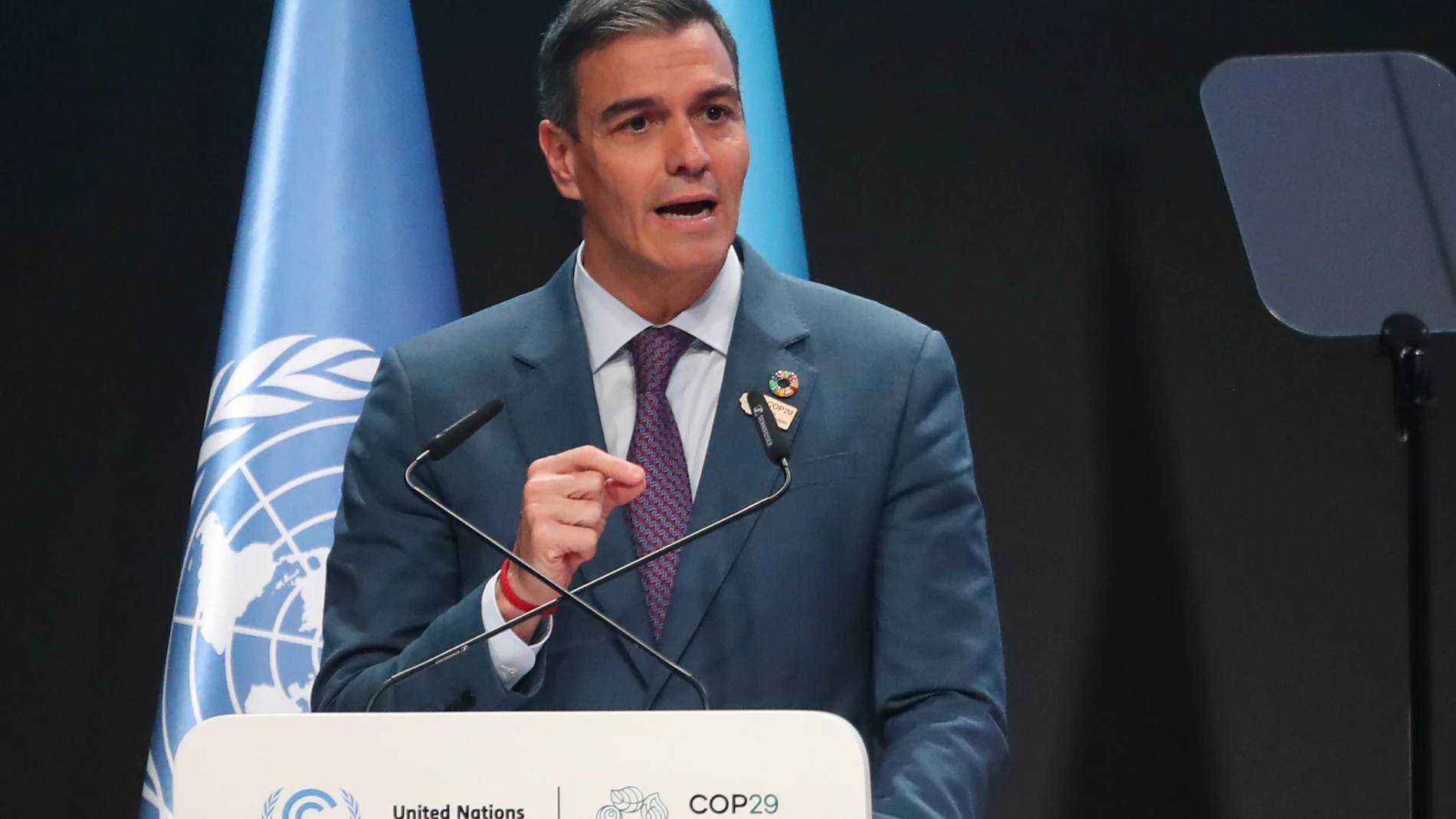 Baku (Azerbaijan), 12/11/2024.- Spain Prime Minister Pedro Sanchez deliveries his statement at the UN Climate Change Conference COP29 in Baku, Azerbaijan, 12 November 2024. The Azerbaijani capital of Baku hosts the 2024 United Nations Climate Change Conference (COP29) from 11 to 22 November 2024. (Azerbaiyán, España) EFE/EPA/IGOR KOVALENKO