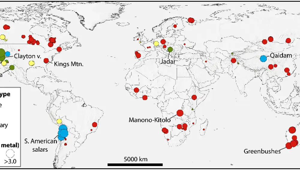 Mapa que muestra el tipo y el tamaño relativo de los recursos globales de litio