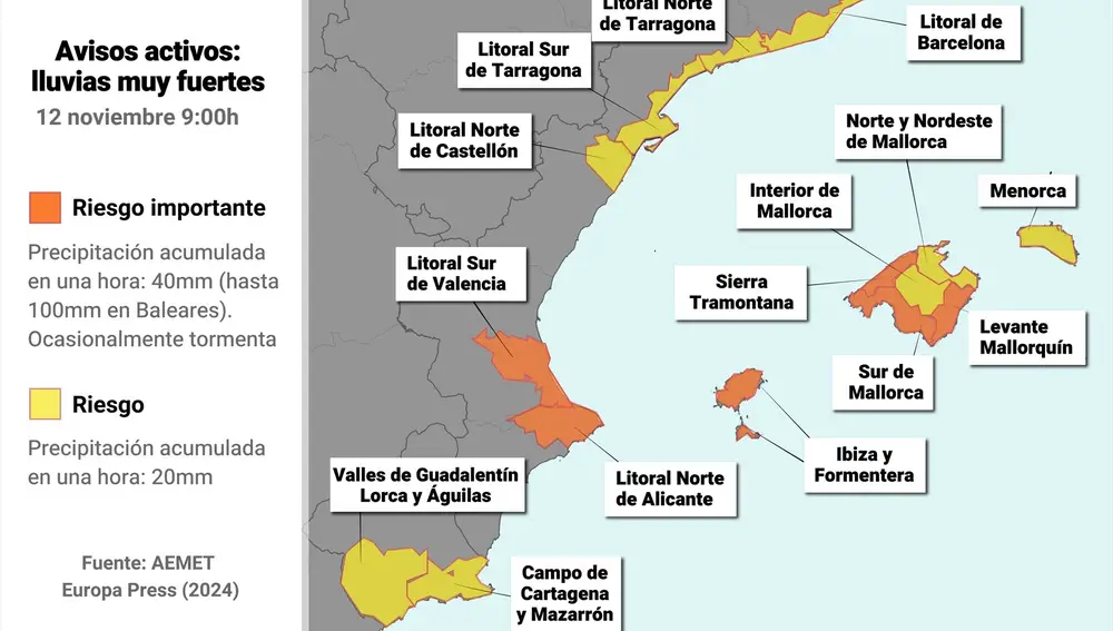 Mapa con avisos activos de la AEMET por fuertes lluvias a 12 de noviembre a las 9:00 horas