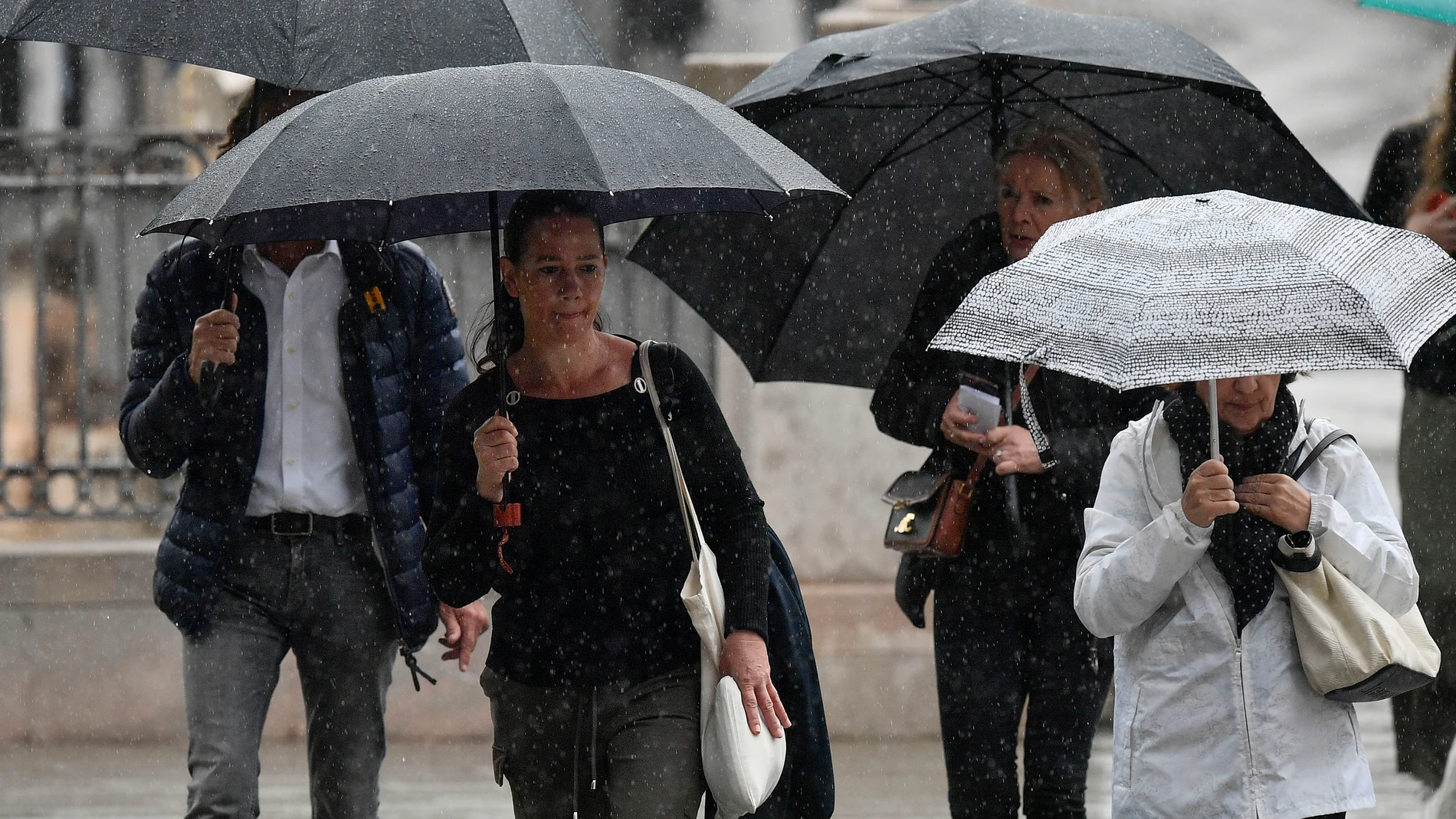 PALMA DE MALLORCA, 12/11/2024.- Varias personas se protegen de la lluvia, este marte en Palma de Mallorca. El Ayuntamiento de Palma ha ordenado el cierre de todos los parques y jardines de la ciudad a partir de las 14 horas para prevenir riesgos ante posibles lluvias torrenciales y tormentas por la dana que mantiene en alerta naranja parte de la isla de Mallorca.EFE/ Miquel A. Borràs