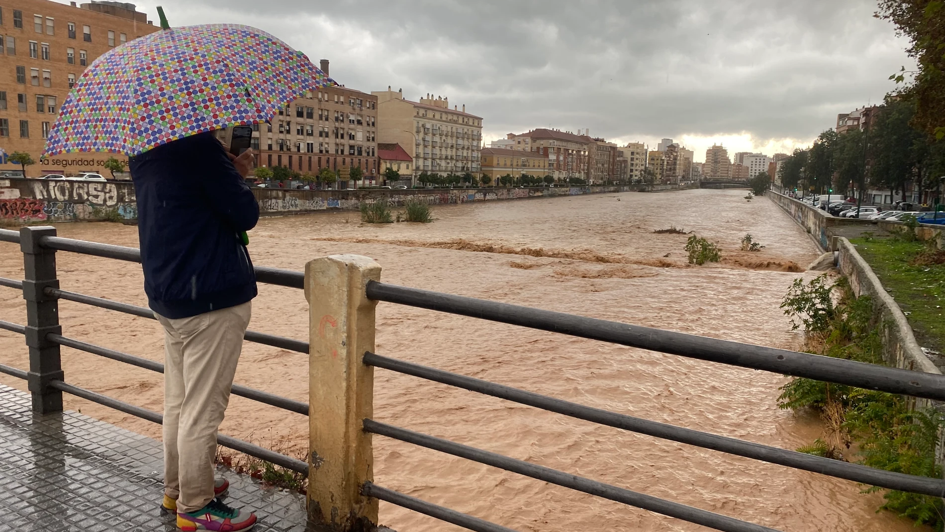MA07. MÁLAGA, 13/11/2024.- Un hombre observa el aspecto que presenta el río Guadalmedina a su paso por Málaga este miércoles en el que las fuertes lluvias y granizo que se registran están causando inundaciones y acumulación de grandes balsas en algunas de las principales avenidas de todos los distritos de la ciudad.EFE/María Alonso