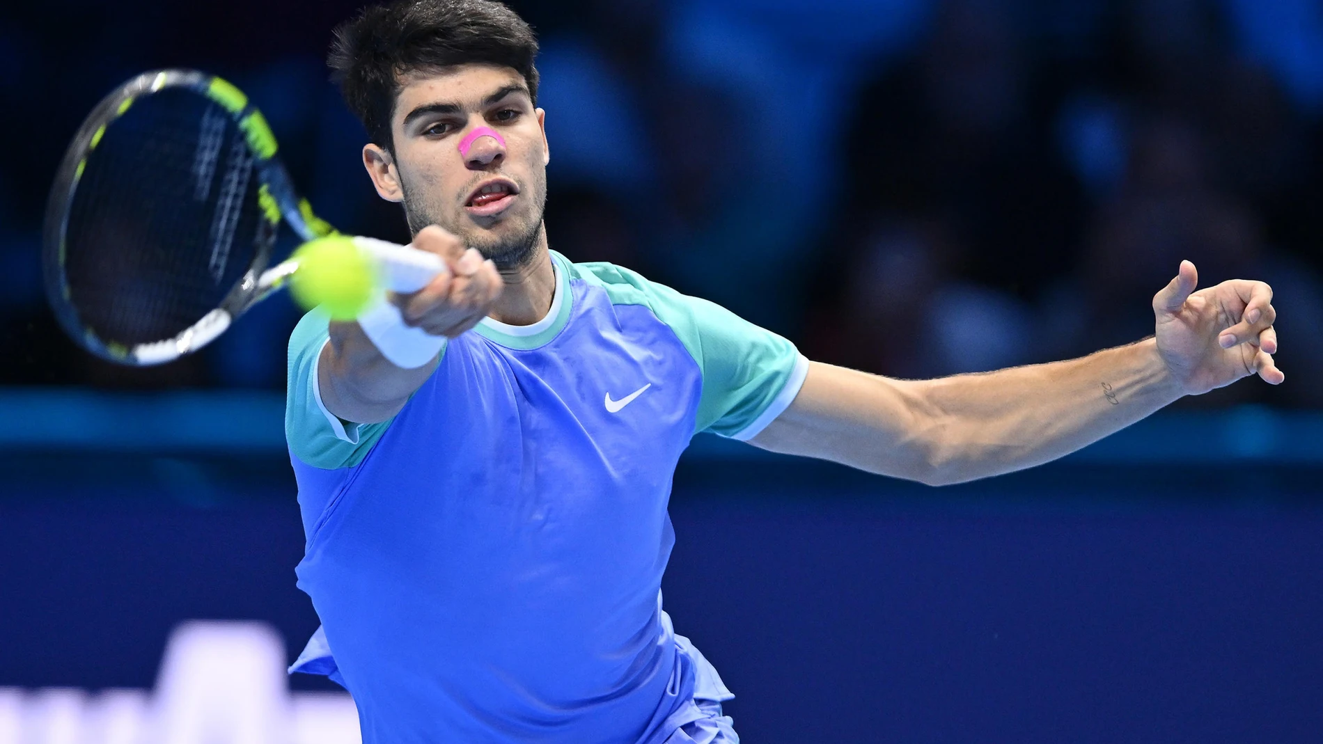 Turin (Italy), 13/11/2024.- Carlos Alcaraz of Spain hits a forehand during his Round Robin match against Andrey Rublev of Russia at the Nitto ATP Finals in Turin, Italy, 13 November 2024. (Tenis, Italia, Rusia, España) EFE/EPA/ALESSANDRO DI MARCO