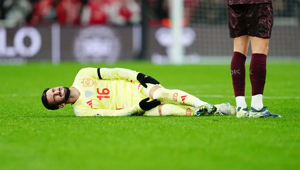 Álex Baena of Spain on the ground during the Nations League Round 5 match between Denmark against Spain at Parken, Copenhagen, Denmark on November 15, 2024.
