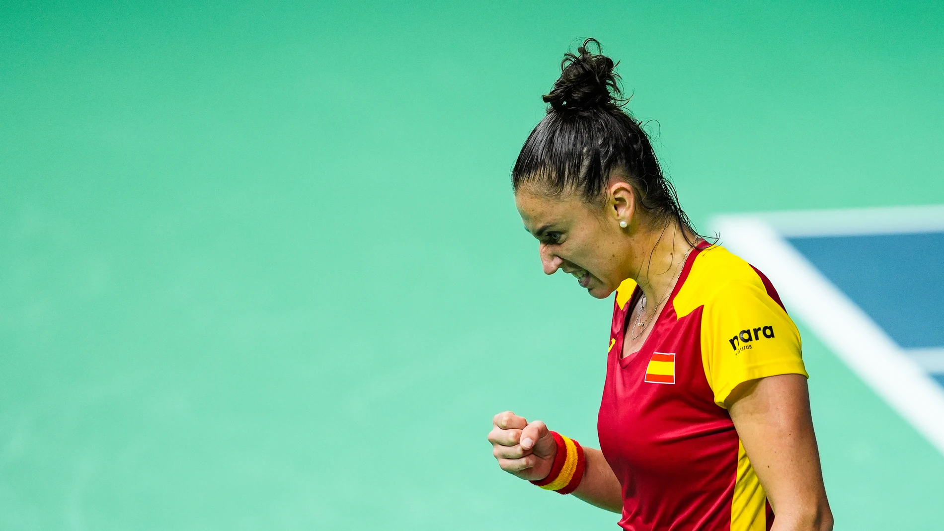 Sara Sorribes of Spain gestures against Magda Linette of Poland during tennis match between Spain and Poland during The Billie Jean King Cup at Martin Carpena Pavilion stadium on November 15, 2024, in Malaga, SpainAFP7 15/11/2024 ONLY FOR USE IN SPAIN