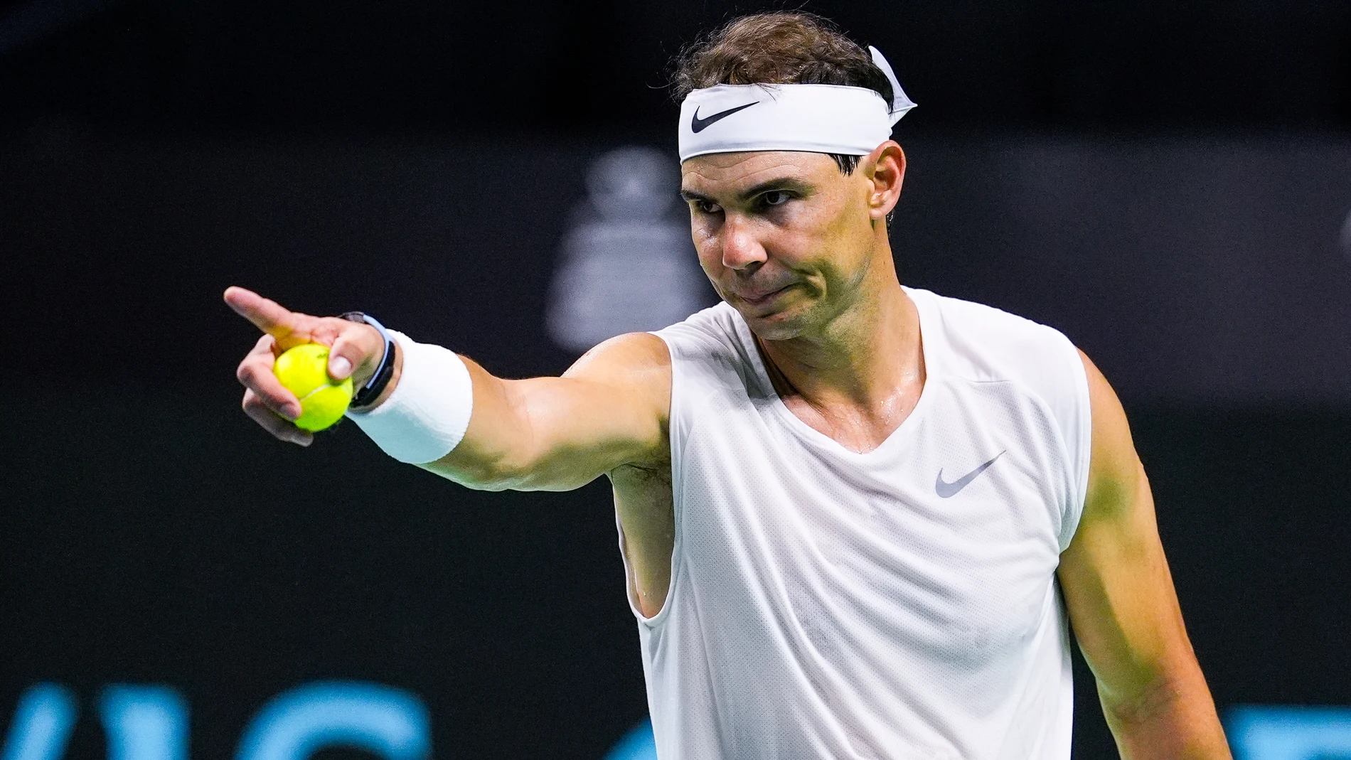 Rafa Nadal of Spain gesture during training session before Davis Cup at Martin Carpena Pavilion stadium on November 16, 2024, in Malaga, Spain AFP7 16/11/2024 ONLY FOR USE IN SPAIN