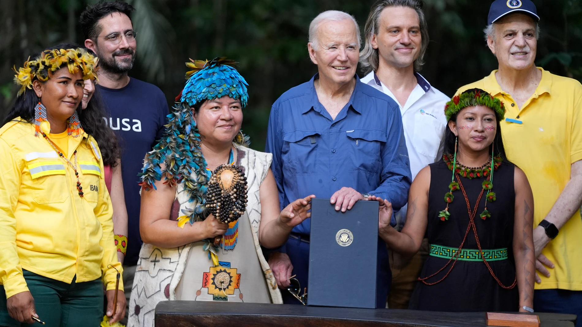President Joe Biden poses after signing a proclamation designating Nov. 17 as International Conservation Day following a tour of the Museu da Amazonia, Sunday, Nov. 17, 2024, in Manaus, Brazil. (AP Photo/Manuel Balce Ceneta)
