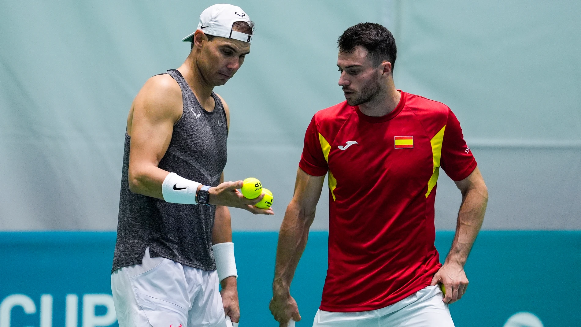 Rafael Nadal y Marcel Granollers en la jornada dominical de entrenamiento.