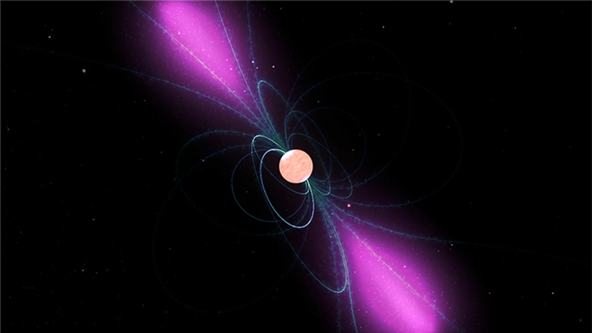 Impresión artística de un púlsar con su poderoso campo magnético girando a su alrededor. Las nubes de partículas cargadas que se mueven a lo largo de las líneas del campo emiten rayos gamma, que son focalizados por los campos magnéticos, de manera similar a los haces de luz de un faro. En estos campos magnéticos, se crean y aceleran pares de positrones y electrones, lo que convierte a los púlsares en posibles fuentes de electrones y positrones cósmicos de alta energía.