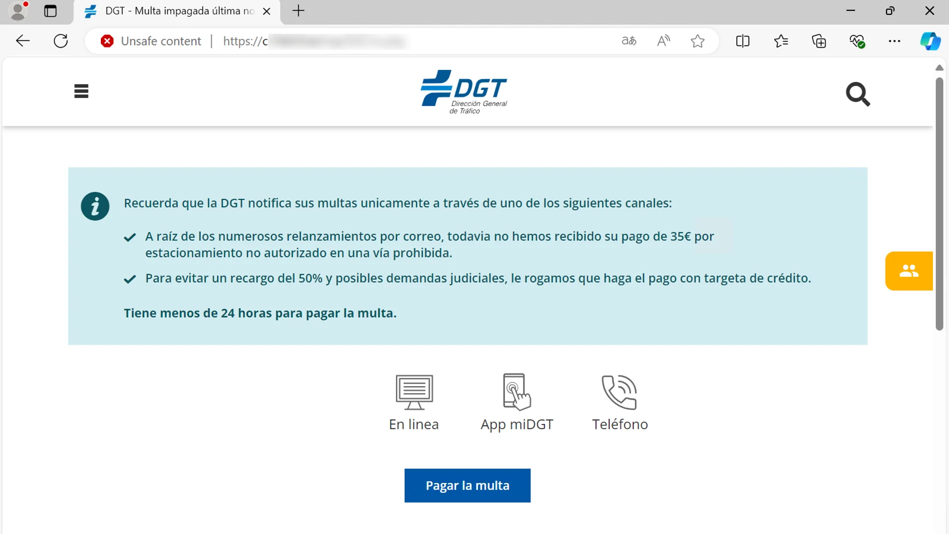 Ejemplo de mensaje de multa falsa